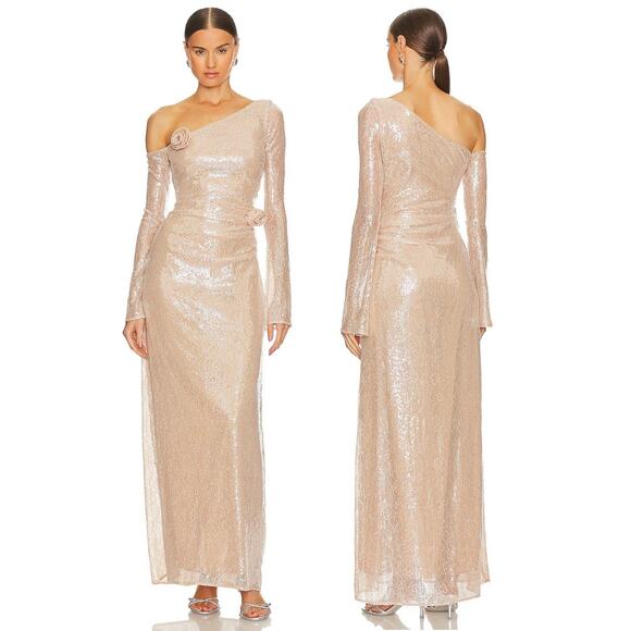 LPA Aniella Sequined Lace Gown Rosette One Shoulder Formal Party Champagne S - Picture 1 of 16